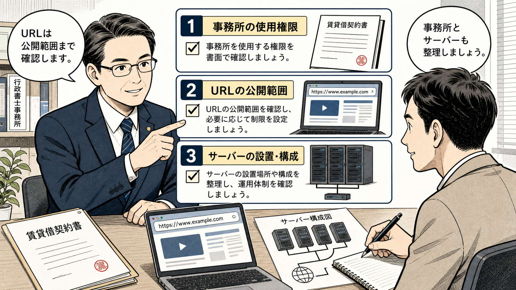 事務所・公開URL・サーバーの確認項目を説明するイラスト