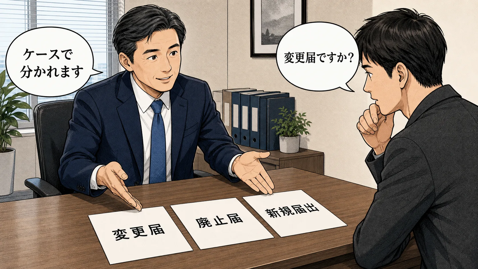 変更届・廃止届・新規届出の違いを確認する場面