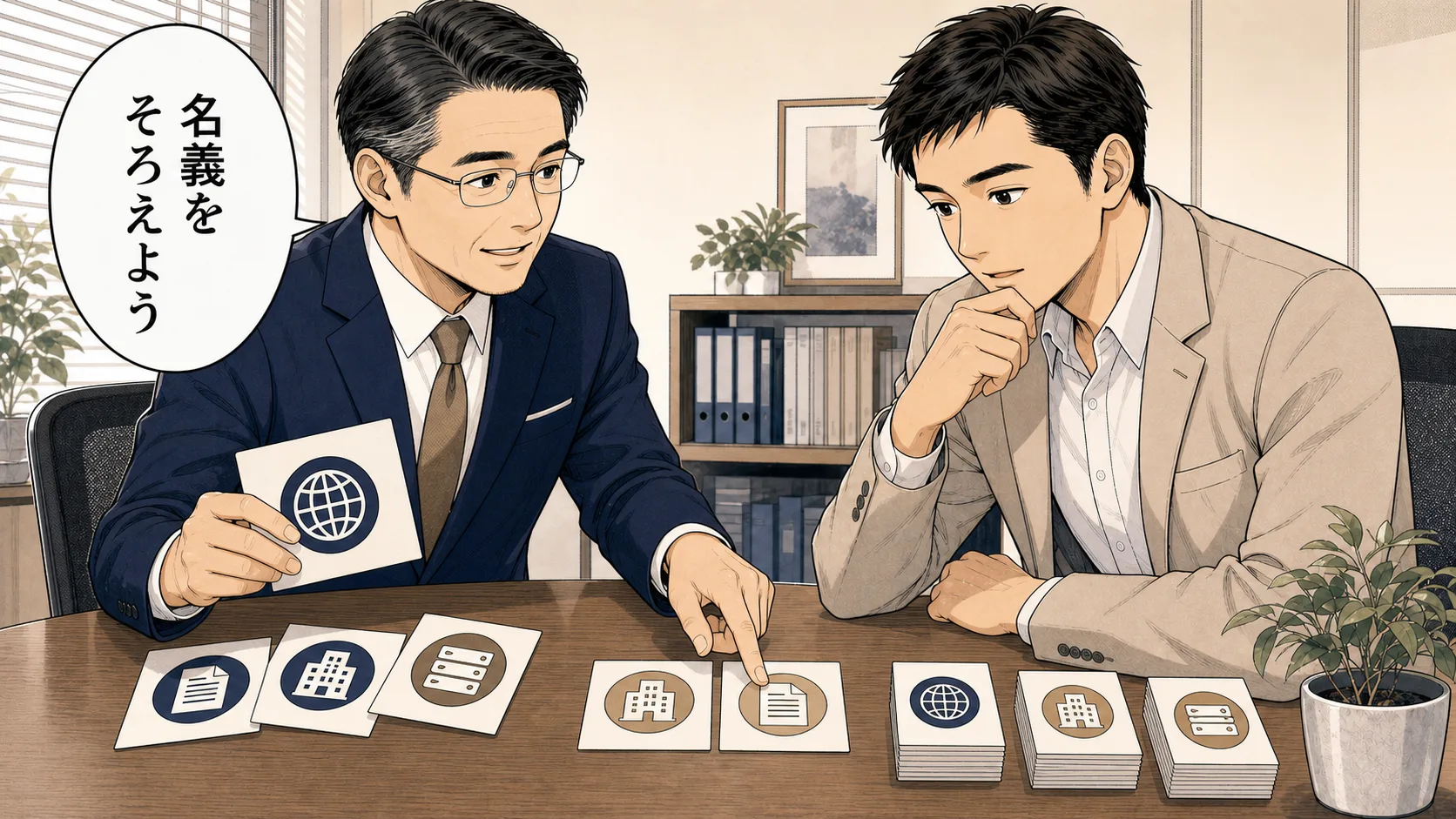 個人と法人の切替日や契約名義を一覧で確認する場面