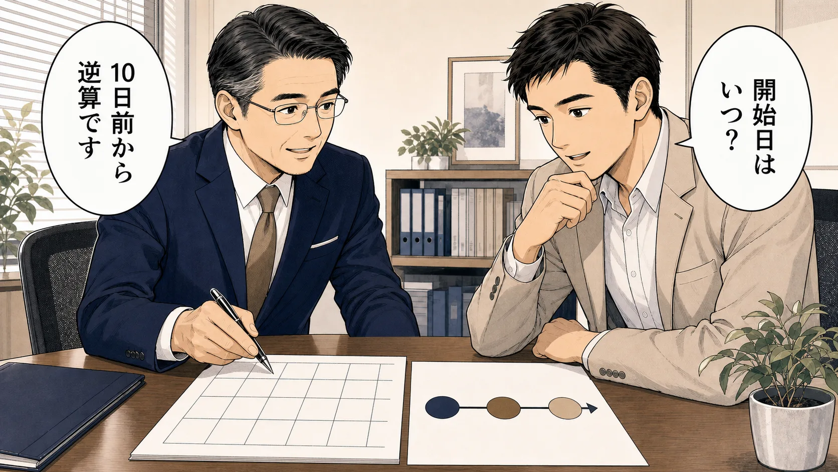 法人化の届出スケジュールを行政書士と最終確認する場面