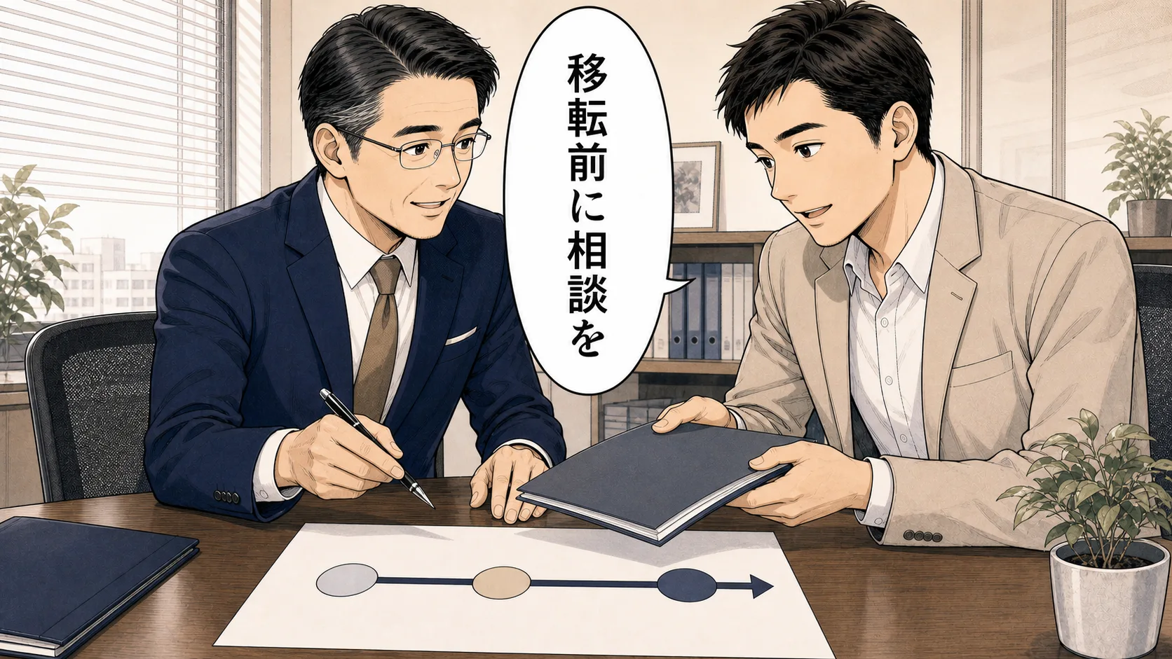 移転日と変更届の期限を行政書士と確認する場面