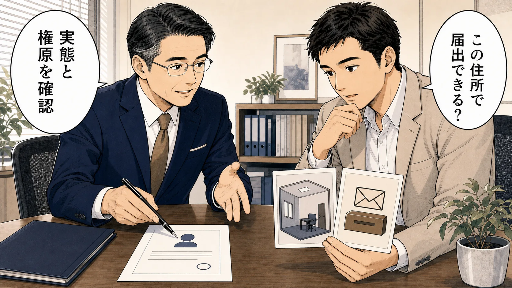 バーチャルオフィスの届出可否を行政書士へ相談する場面