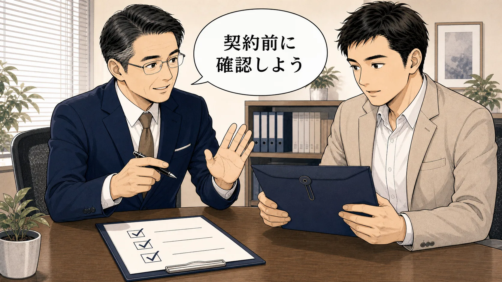 候補オフィスの契約前に届出資料を行政書士と確認する場面