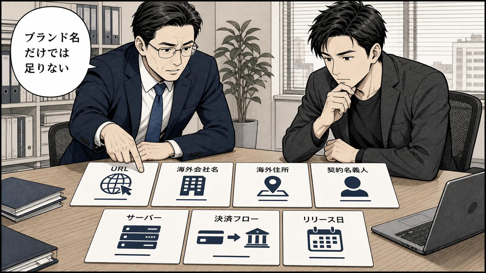 海外事業者名や住所などの確認項目を整理する様子