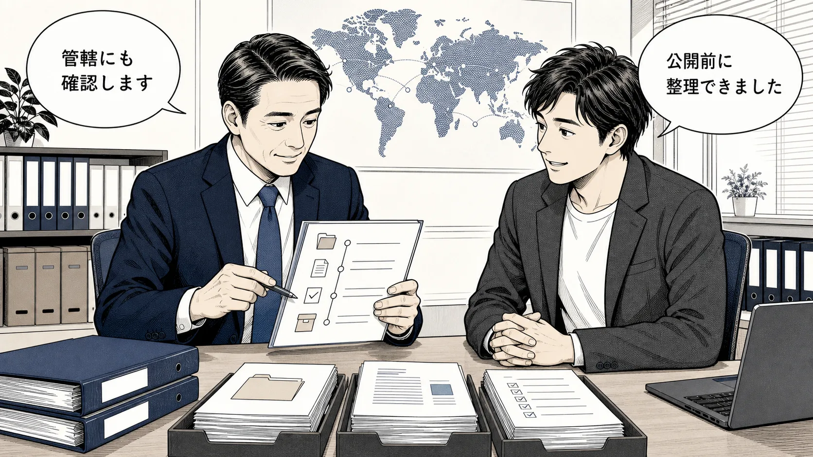 海外サーバー案件の資料整理を終えた相談者と行政書士