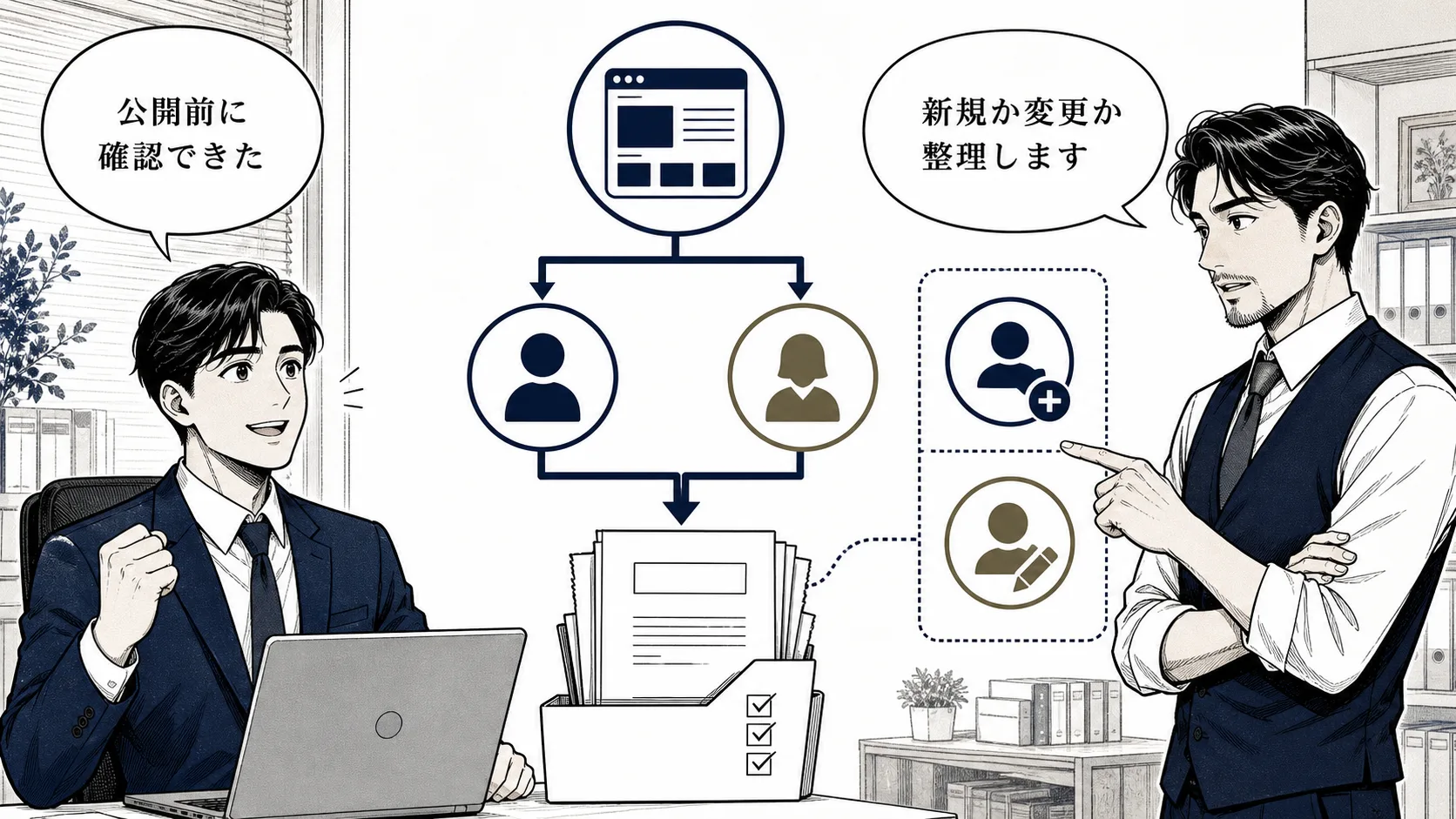 サイト構造図と届出書を公開前に確認する場面