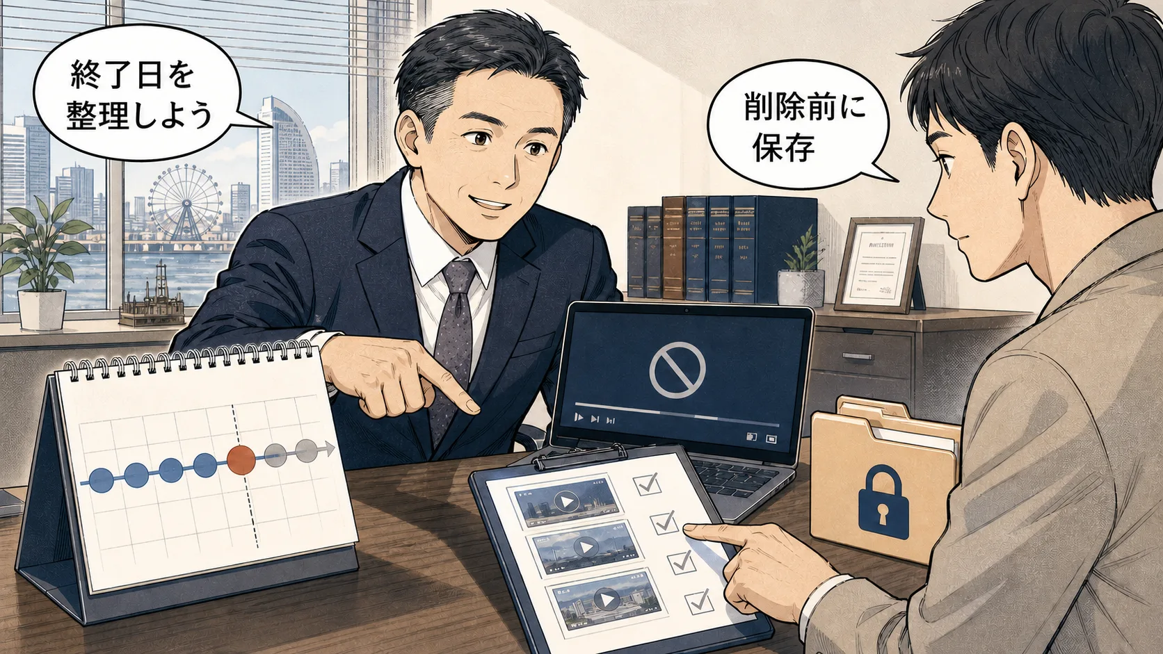 最終営業日とURL削除前の保存資料をカレンダーとチェック表で整理する様子