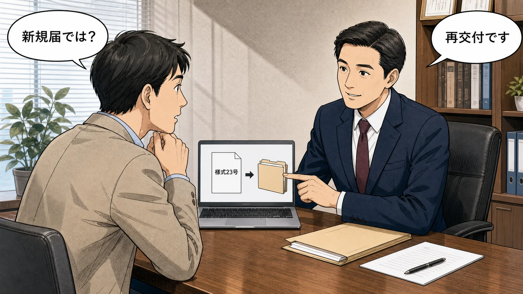 新規届ではなく届出確認書の再交付であることを確認する場面