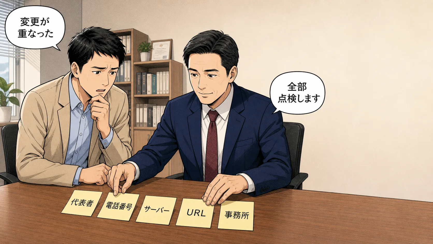 代表者やサーバー等の変更事項を行政書士と点検する場面
