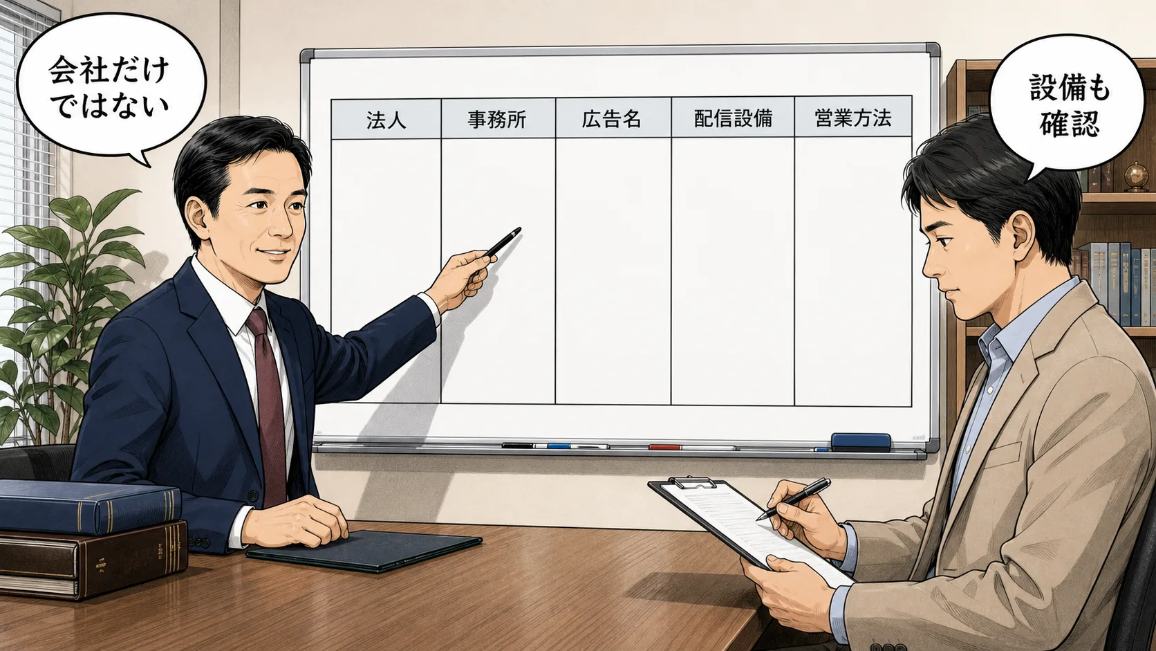 映像送信型の変更届を法人・事務所・広告名・配信設備・営業方法に分けて確認する場面