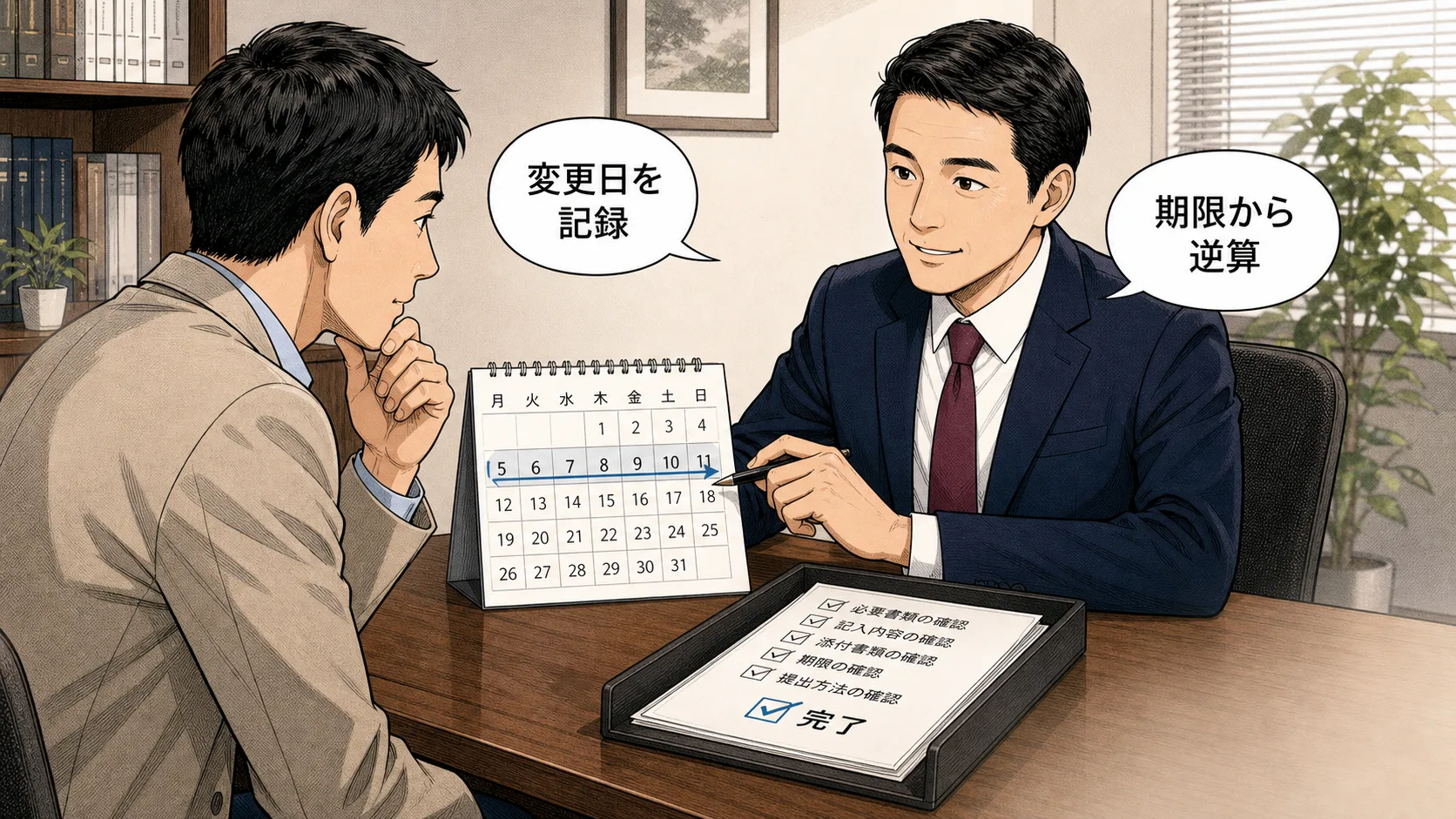 変更日を記録して届出期限から逆算する行政書士相談の場面