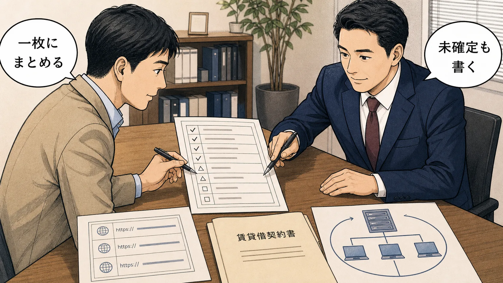 警察署相談へ持参するURL・賃貸借契約・サーバー資料を一枚に整理する場面