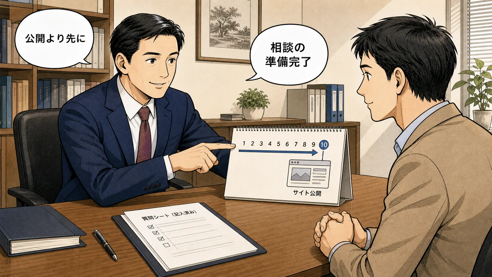 営業開始前に警察署相談の準備を終える行政書士相談の場面