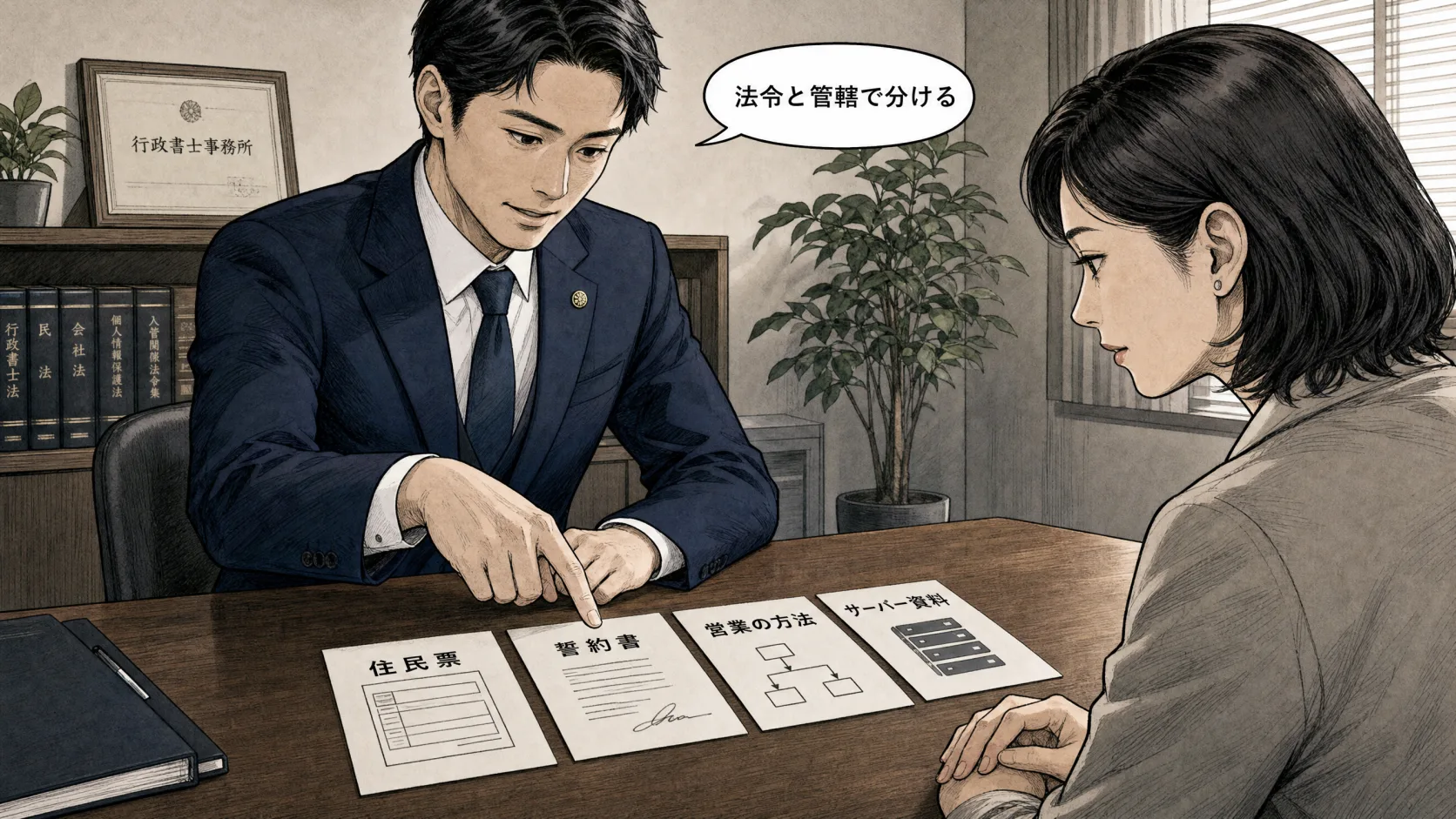 住民票・誓約書・営業の方法・サーバー資料などの書類区分を机の上で整理する場面