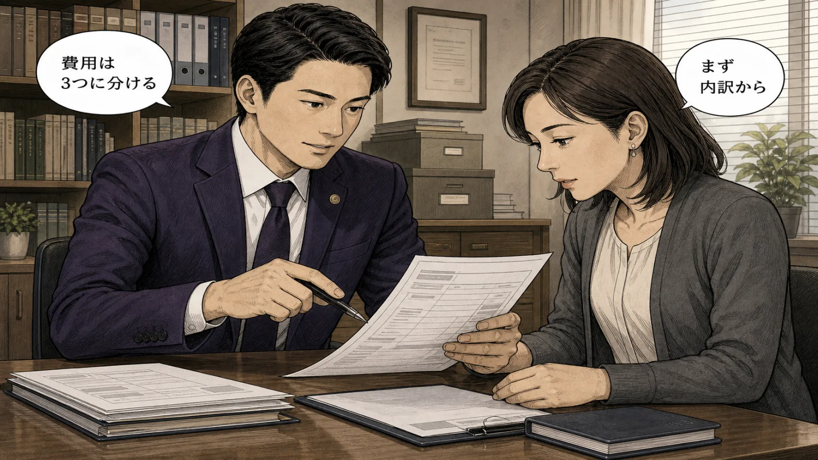 届出費用の内訳を行政書士と一緒に確認する場面