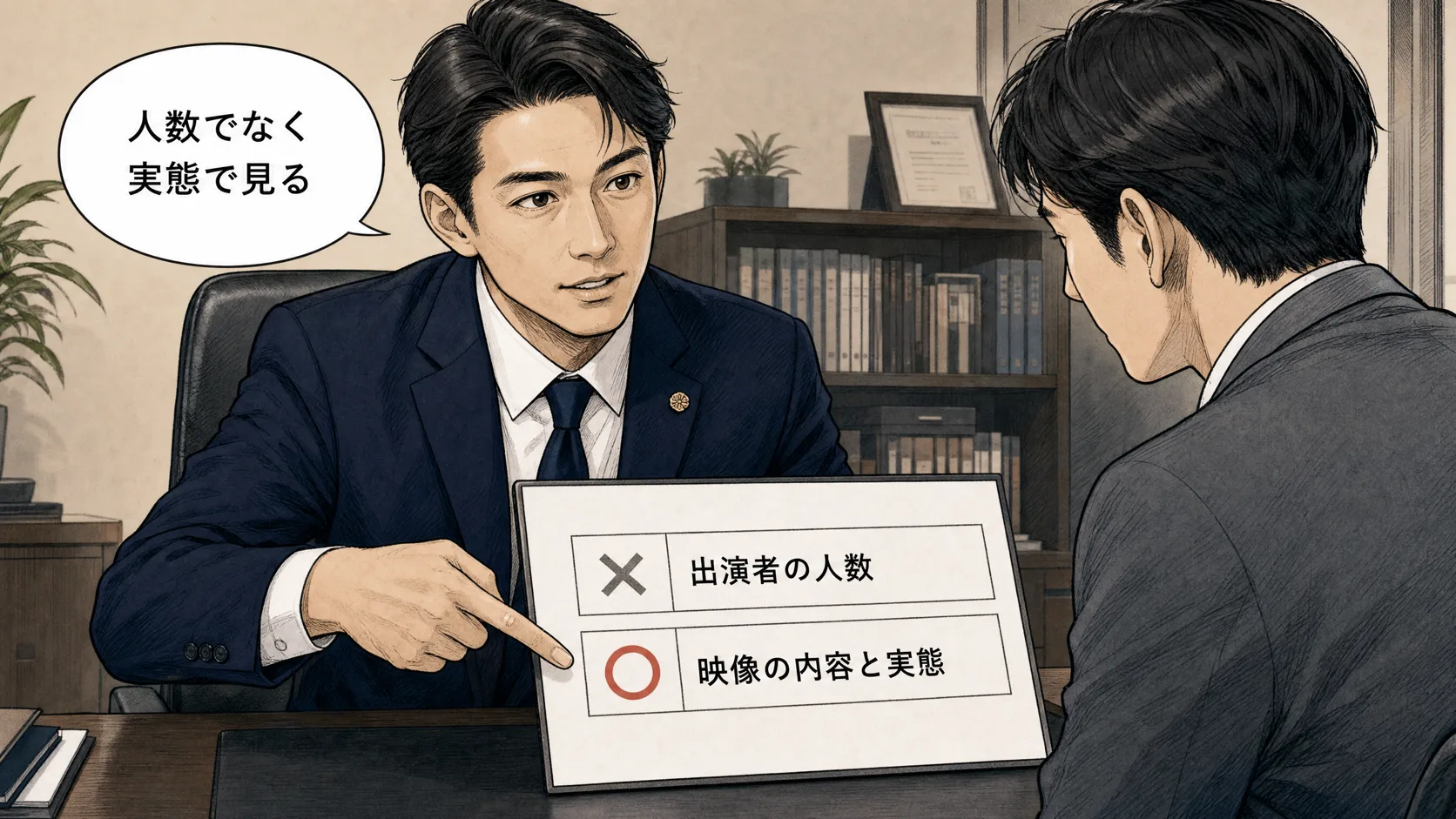 出演者の人数ではなく映像の内容と営業の実態で該当性を確認する場面