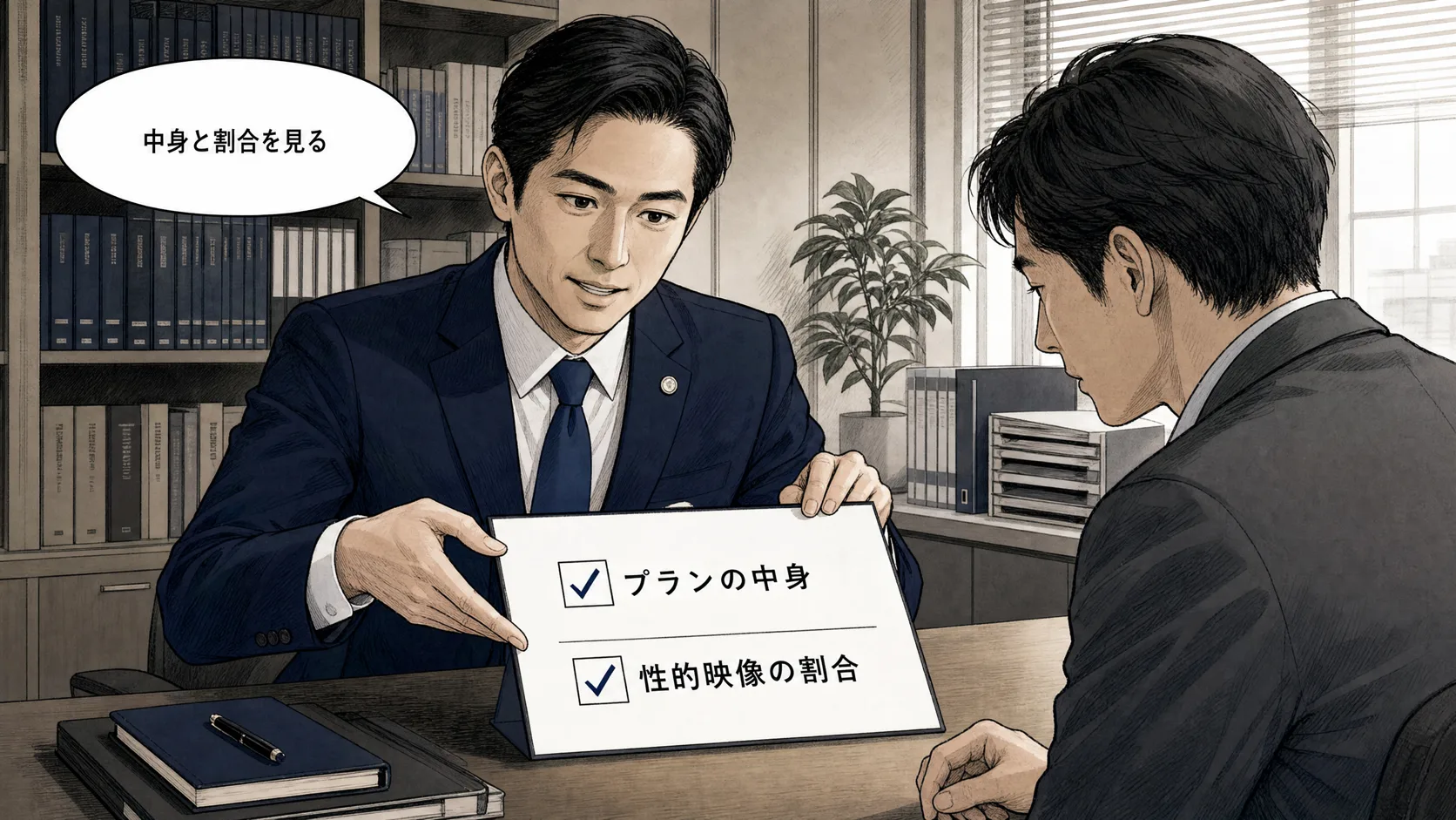 支援プランの中身と性的な映像の割合を確認する場面