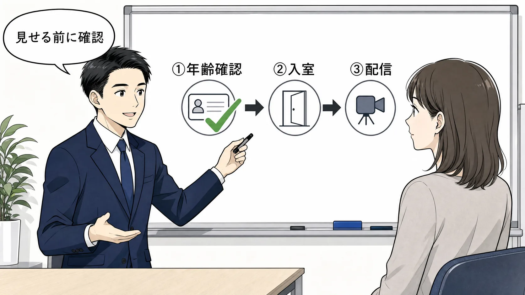 ライブ配信では映像を見せる前に年齢確認を済ませる順番を確認する場面