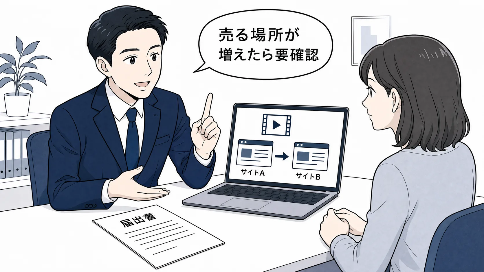 ライブ配信の録画をアーカイブや切り抜きとして別のサイトで販売する場合の届出を確認する場面