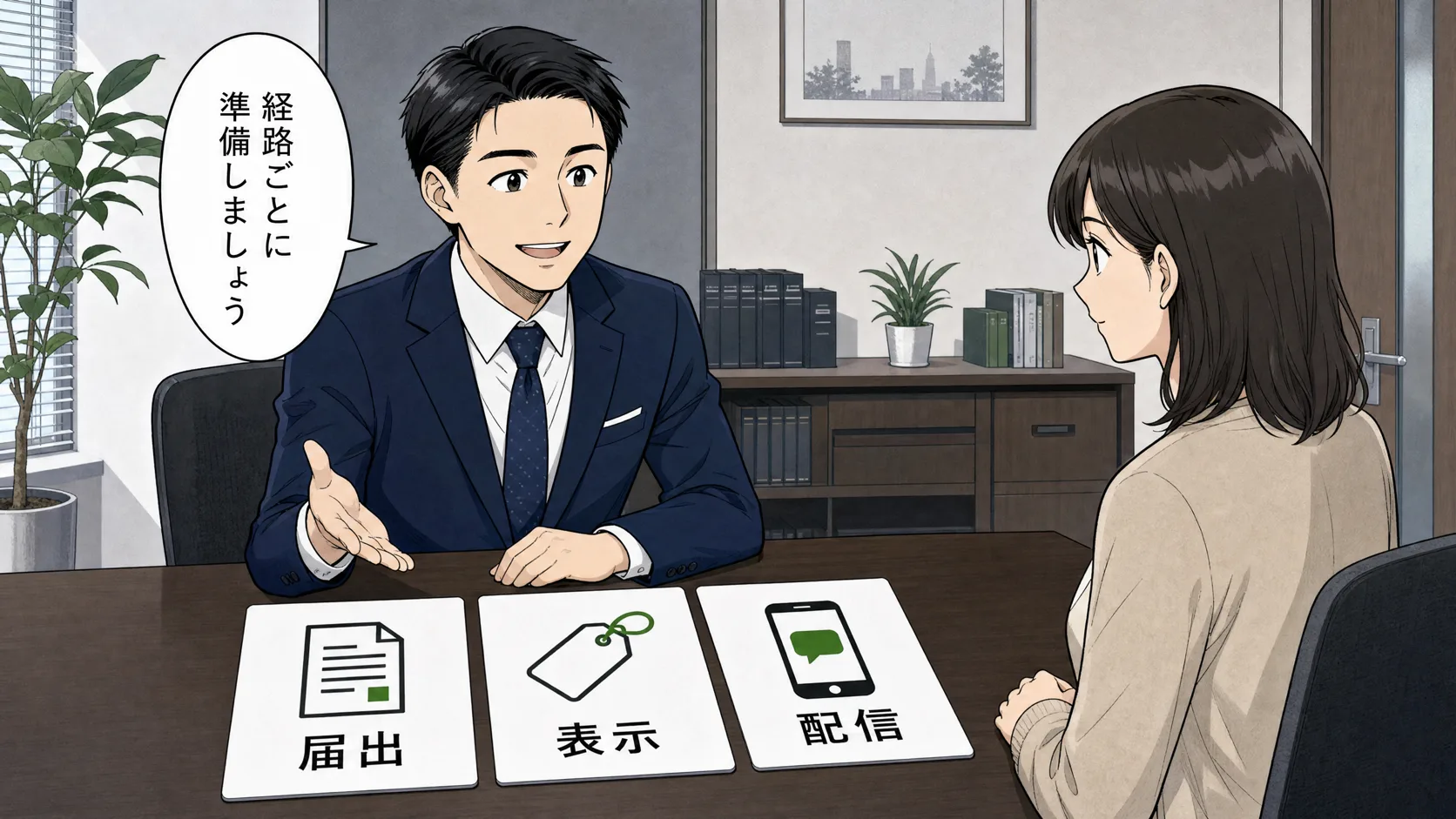 届出・表示・配信の中身の3つに分けて身バレの経路を整理する場面