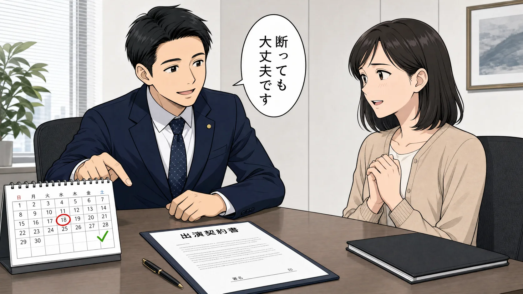 出演を頼まれたときに契約書と撮影までの期間を確認する場面